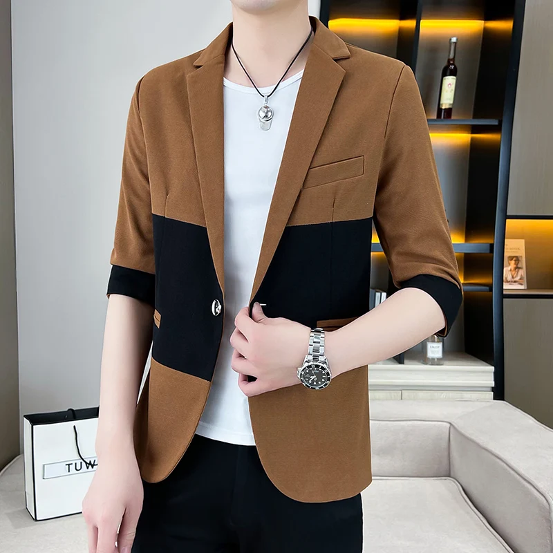 2023 Summer Fashion Patchwork Suit Jacket Thin 3/4 Sleeve Casual Blazer Streetwear Slim Social Barber Dress Coat Men Clothing