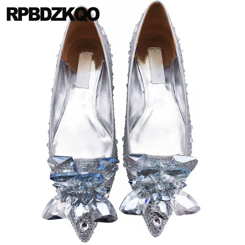 Stiletto Silver Crystal Wedding Shoes High Heels Cinderella Size 33 Rhinestone Ladies Diamond Pointed Toe Pumps Big Jewel Brand image 3