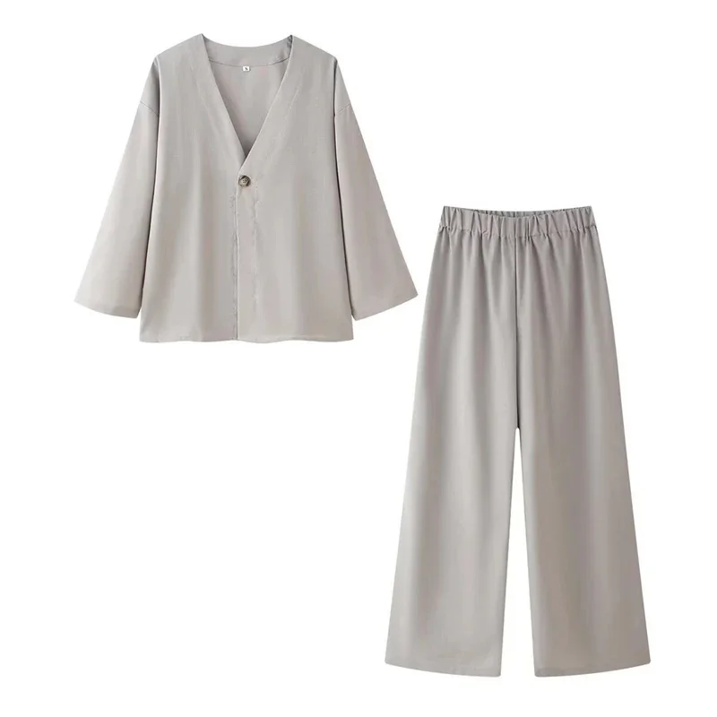 Fashion Half Bubble Sleeve V-neck One Button Shirt Sets Loose Cotton Linen High Waist Wide Leg Pant New Female Solid Casual Set