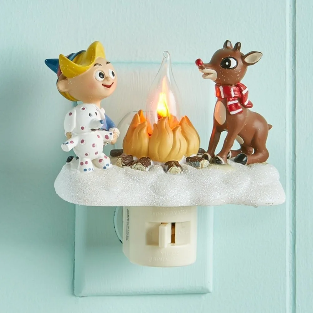 Veilleuse de feu de camp de père Noël en résine scintillante, lampe de statue de cerf et de fille, décoration de Noël, figurines 3D, nouveau