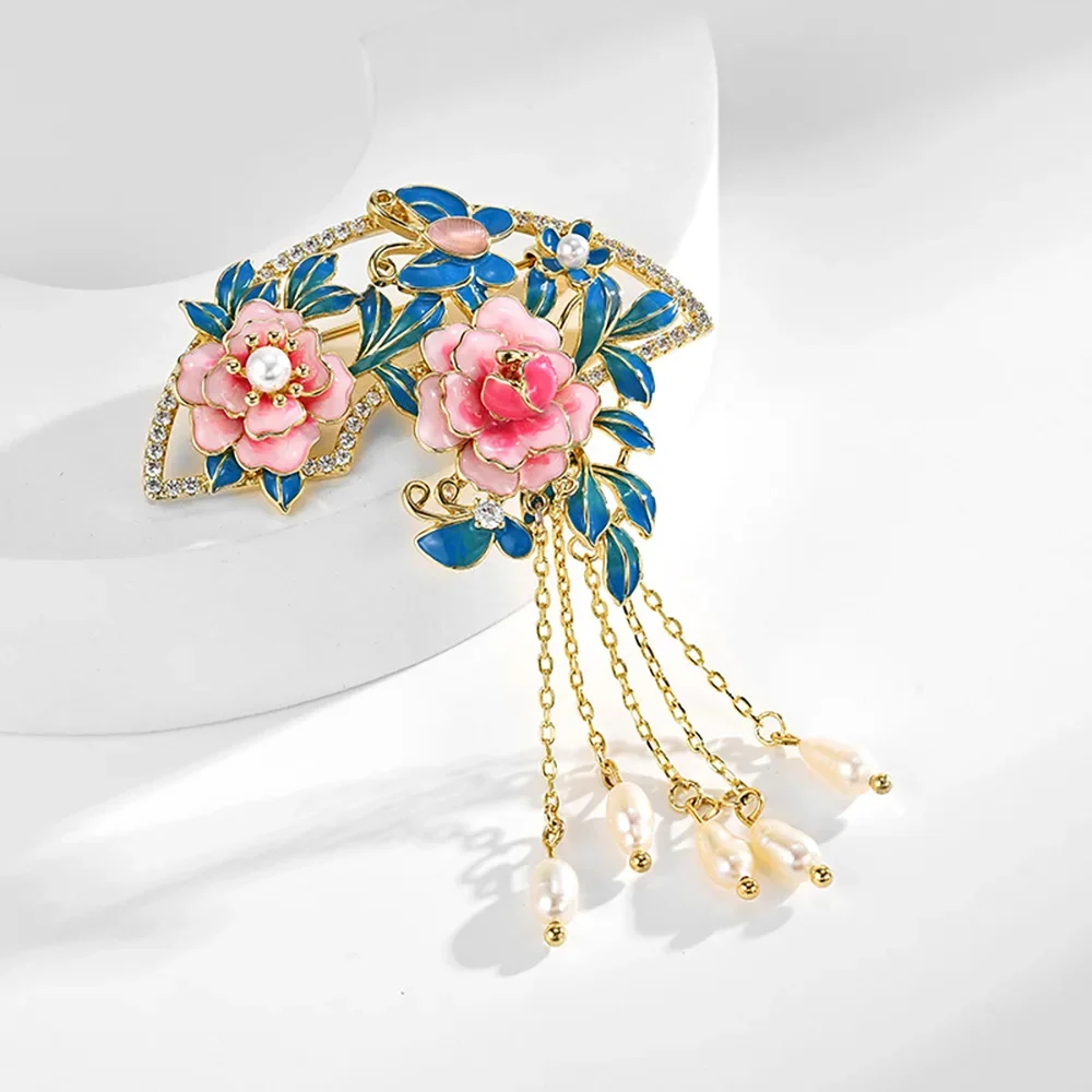 Chinese style Peony Flower Brooch Exquisite women Tassel Pearl Pendant brooches Inlaid zircon alloy brooch Suit pins accessories