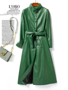 2024 New Fashion cintura stringata rossa Trench lungo in pelle di pecora Chic donna colletto alla coreana monopetto capispalla in vera pelle