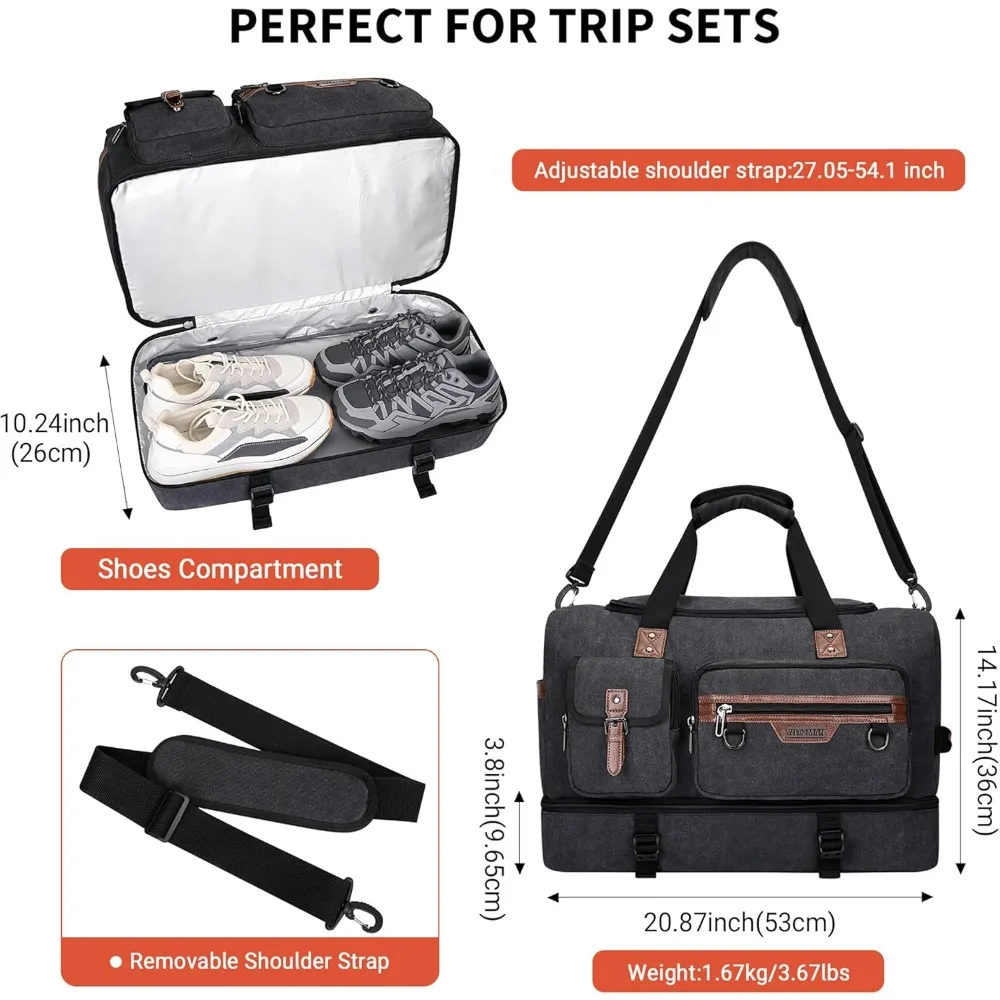 حقيبة قماشية لعطلة نهاية الأسبوع للرجال - حقيبة حمل للسفر بين عشية وضحاها مع حجرة للأحذية، باللون الأسود #5