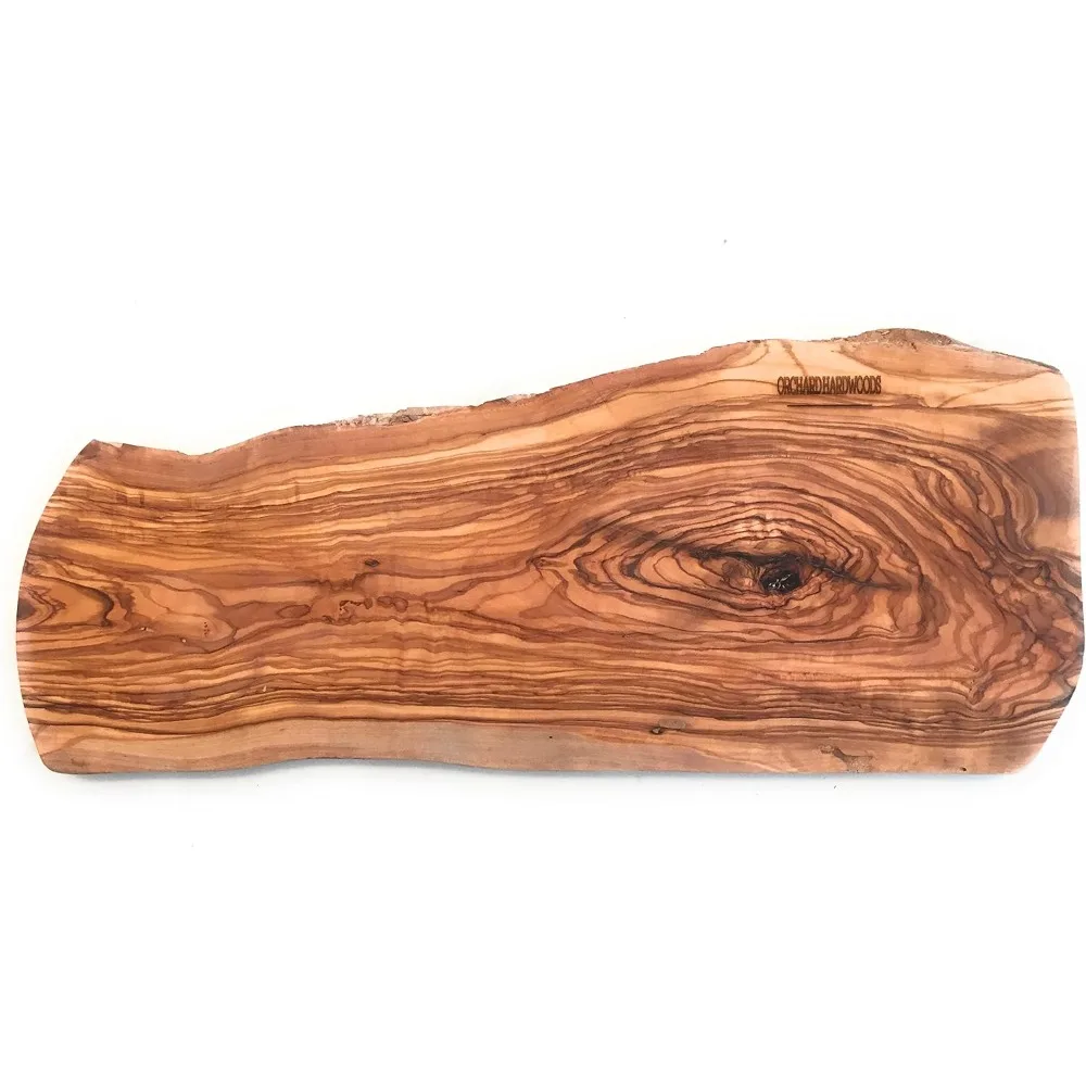 20 tablero de charcutería de madera de oliva con borde de corteza hecho a mano rústico por huerto de madera dura, para cortar, cortar y servir. Losa de madera, Uni
