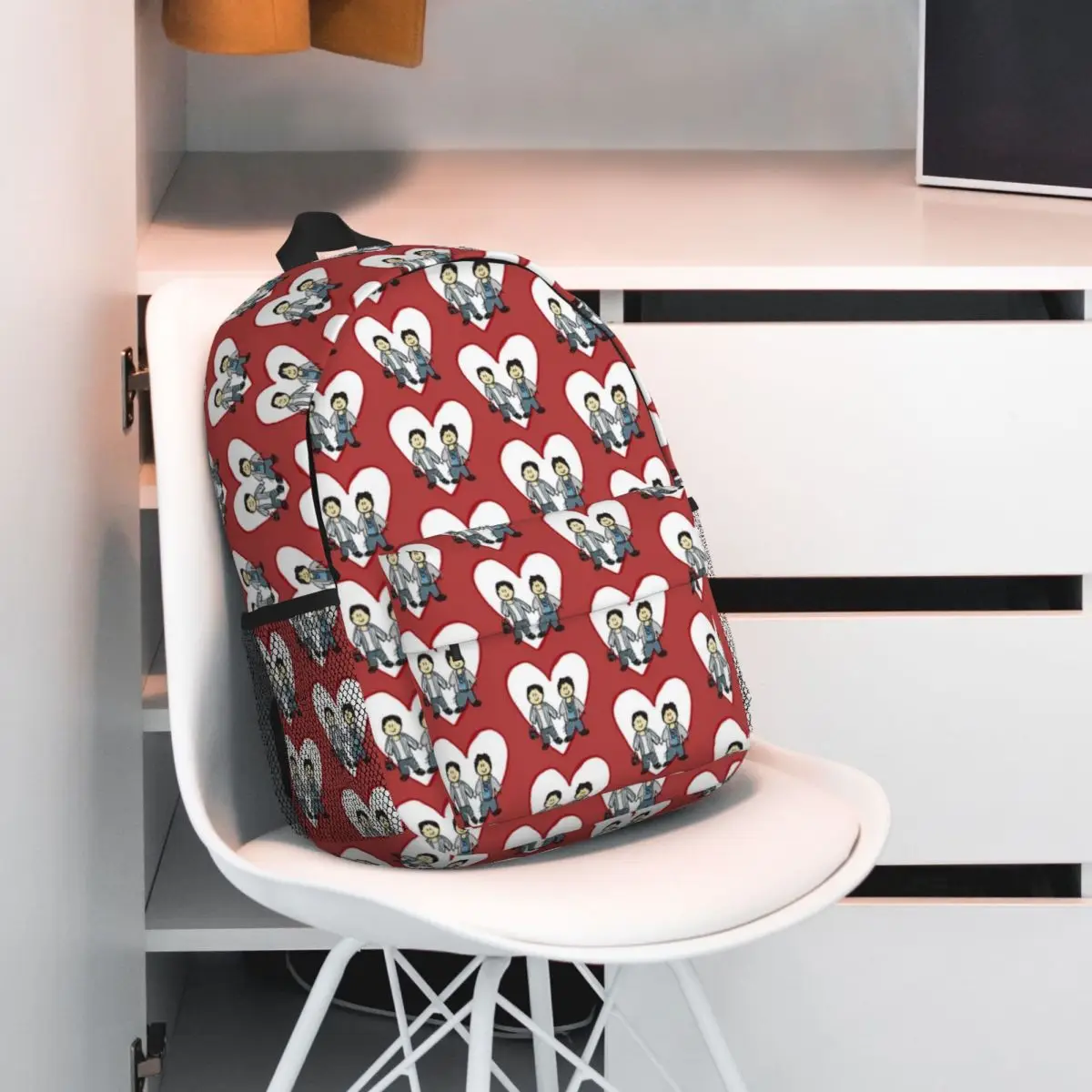 Adam e Amanda Heart Stick Figures Novo padrão elegante Bolsa escolar estampada mochila leve de 15 polegadas