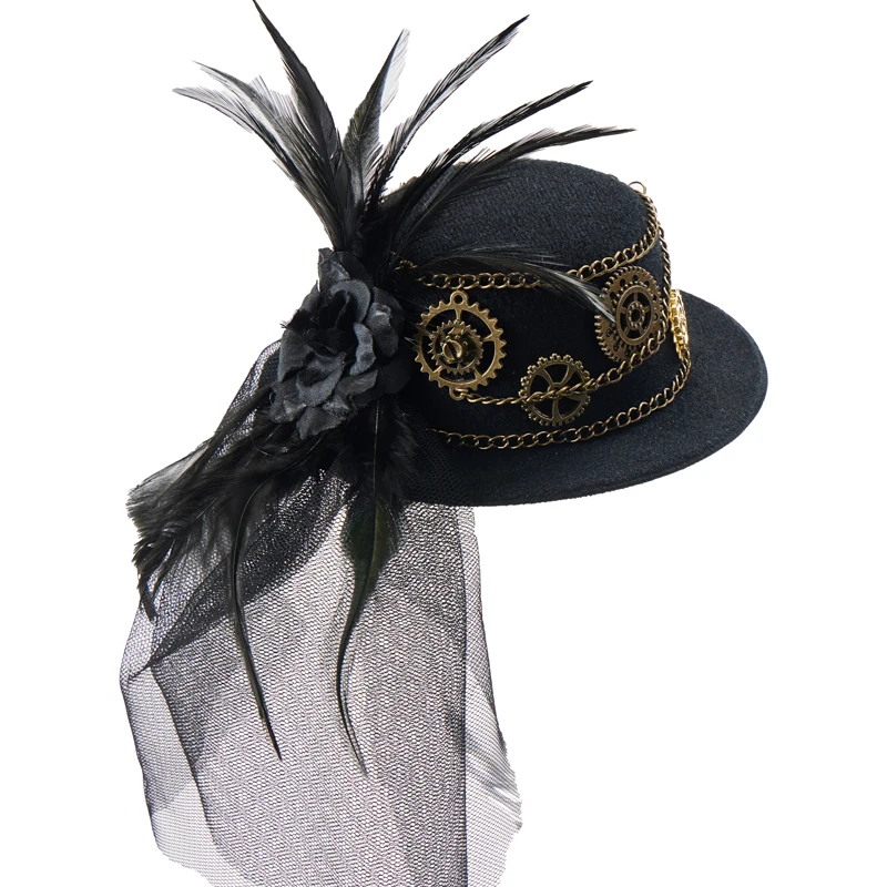 

Steampunk Small Hat Gothic Hair Clip Vintage Gear Feathers Chain Black Brown Mini Top Hat