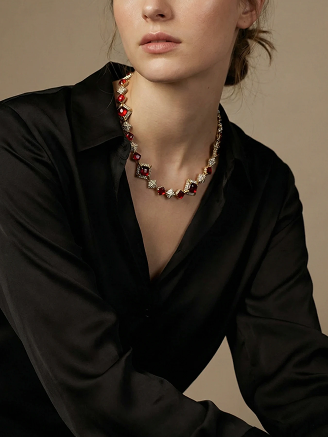 ArtDeco Vintage Red Crystal Choker, Geometric Square & Rhombus Linked Statement Necklace for Formal Occasions