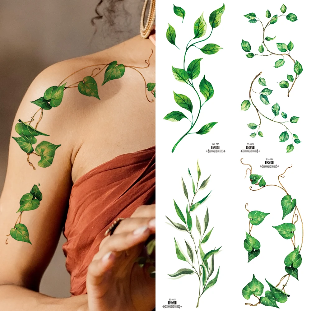 4 Sheets Large 3D Green Leaves Temporary Tattoo Stickers for Women Green Leaf Watercolor Design Waterproof Art Fake Tattoos