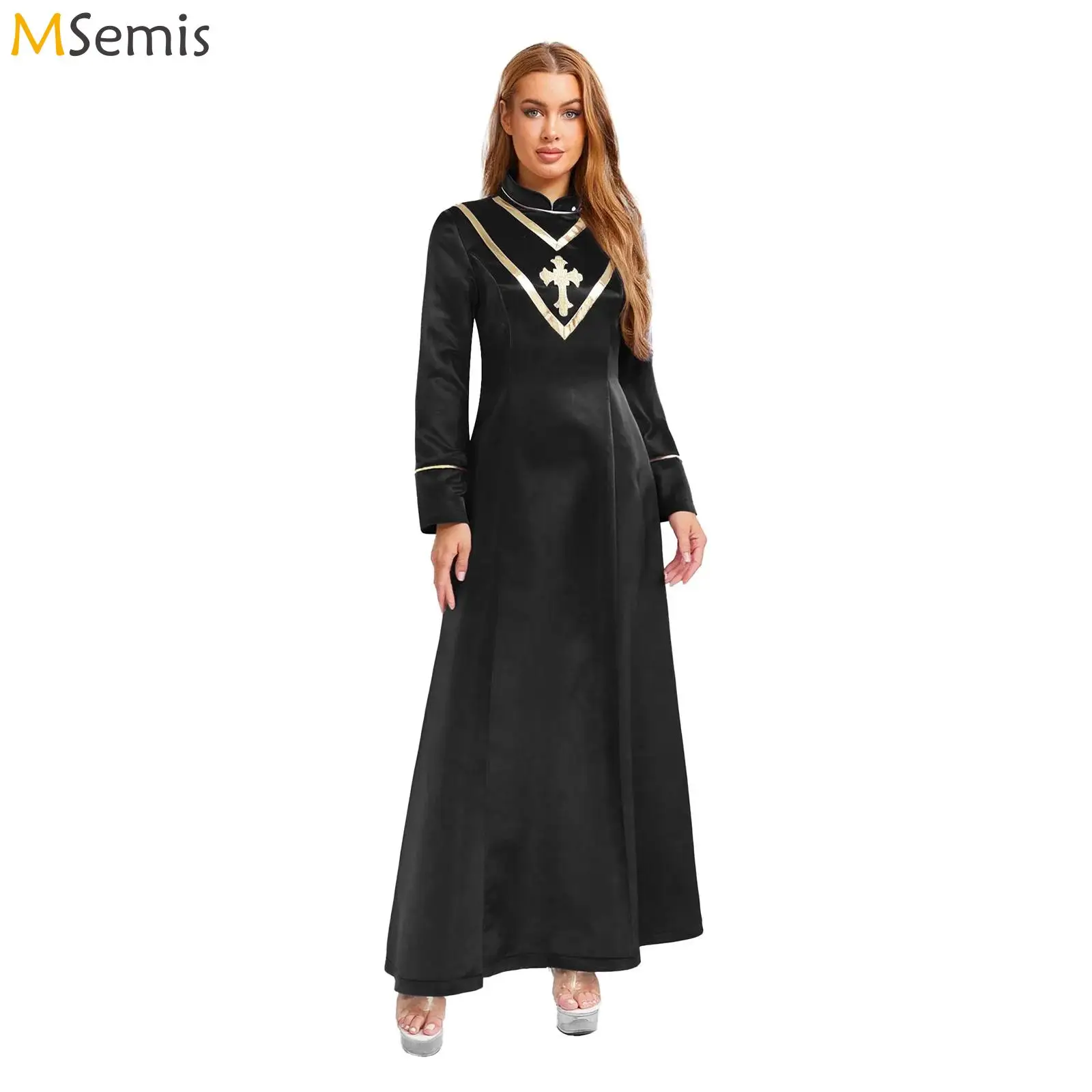Túnica de ministro de la Iglesia del clero de sacerdote con estola Thobe, vestiduras de manga larga para mujer, disfraz de fiesta de sacerdote católico, disfraz de Halloween