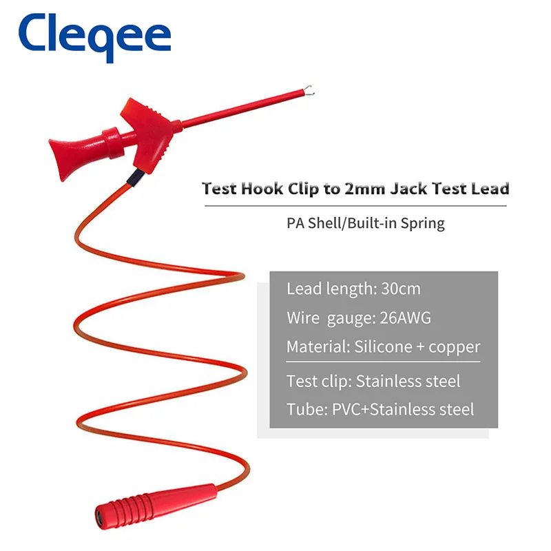 Cleqee P1511B Minigrabber to 2mm Female Jack Silicone Test Lead IC Test Hook Clip with Internal Spring 26AWG Fits 2mm Test Probe