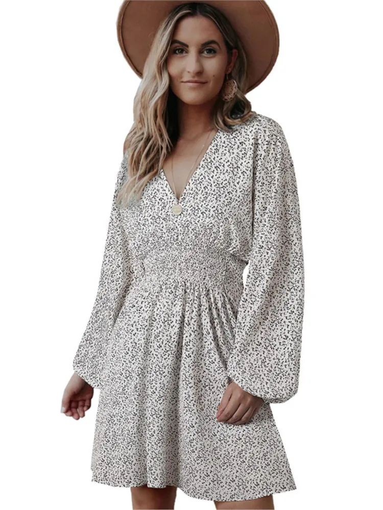 

2025 Fashionable And Casual Polka Dot Slim Fit Long Sleeve V Neck Women's Dress Skirt Waist Elastic Full Length To Knee Dress