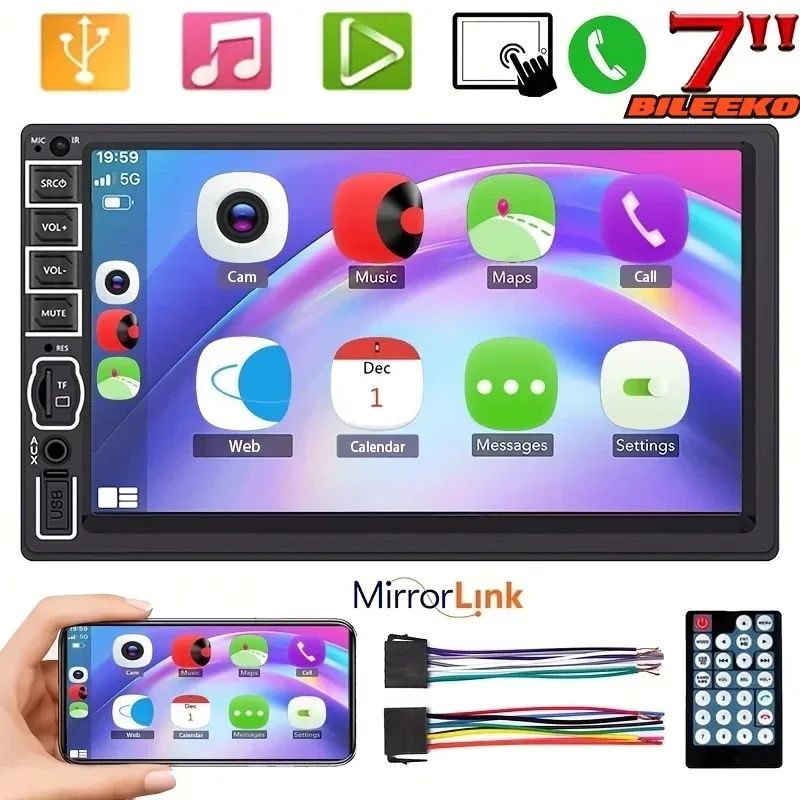 

Bileeko Double Din Car Radio - MirrorLink MP5 Player, USB/TF/FM/Aux Touch Screen - Universal Stereo System