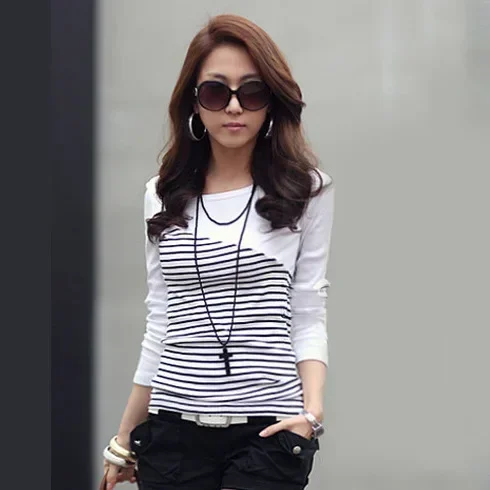 Pop Women's Long Sleeve T-Shirt Round Neck Spring Autumn Casual Stripe Color Block Design Slimming Smooth Out Silhouette Student