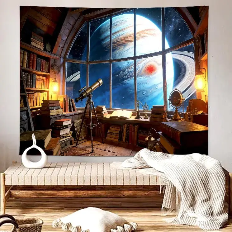 Space Library Jupiter View Tapestry, Vintage Telescope & Books Wall Art, Cosmic Decor for Study Room & Astronomy Enthusiasts