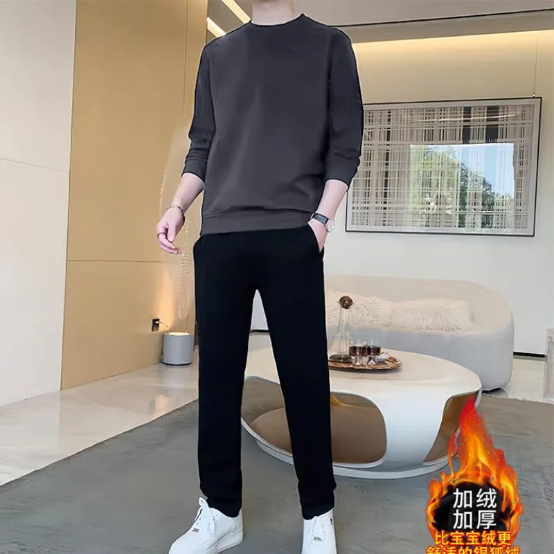 

Men's Clothing Hood Shirt Autumn Winter 2-Piece NEW Thicken T Shirts Hoodie Sports Suit Trend Base Layer Youth Leisure Homewear