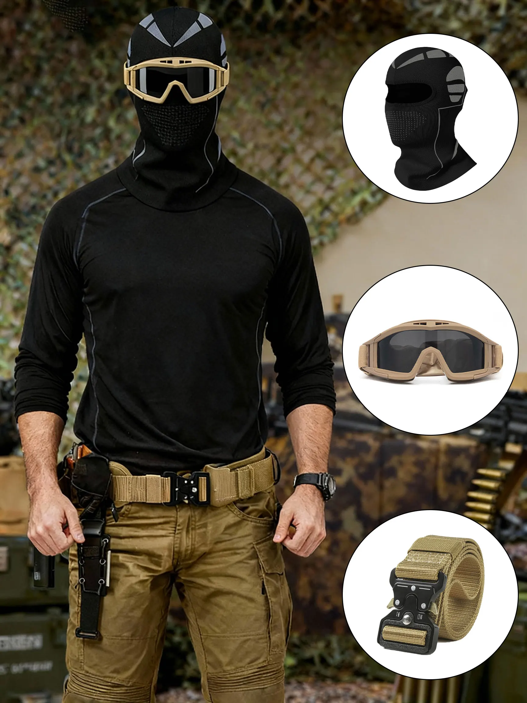 Professional Tactical Set Belt Quick Release Belts+Tactical Shooting Goggles Safe Protection Glasses+Winter Skiing Hat Face Mask