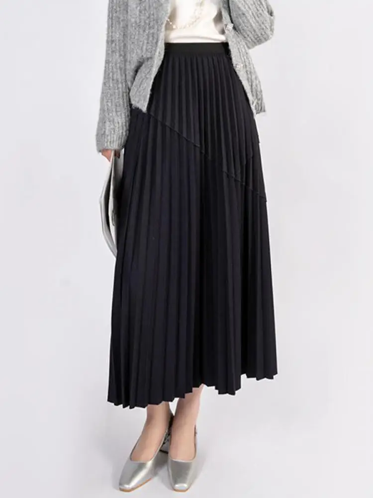

French Vintage 2025 Women Solid High Waist Slim Holiday Pleated Long Skirt Autumn Elegant Office A-line Skirt Popular Streetwear