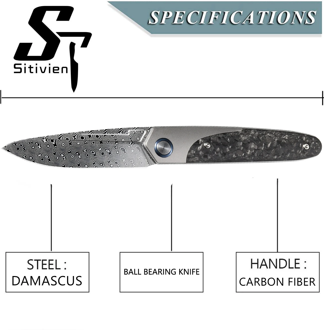 Imagem -04 - Sitivien-damascus Aço Folding Facas Rolamento de Esferas Titânio Punho de Fibra de Carbono Edc Facas para Trabalhar Camping Coleção St245