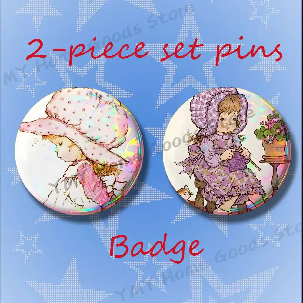 Vintage Art S-Sarah Kay Cartoon Brooches for Backpack Accessories 25 32 44 58 75mm Round 2-piece set Free Mix