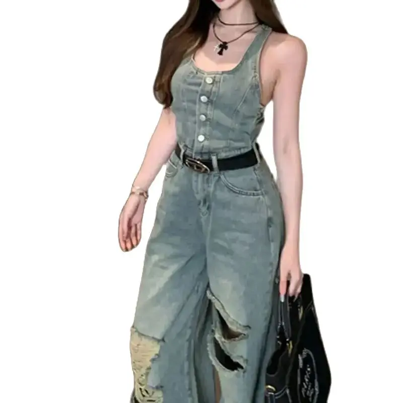 Denim Jumpsuit Ripped High Waist Retro Blue Female Summer Hottie Wide Leg Pants Slim Floor-Length Trousers