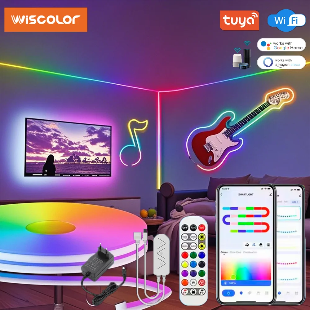 

WISCOLOR TUYA, светодиодная RGBIC неоновая лента, Wifi, водонепроницаемая, силиконовая лента, музыкальная синхронизация, с голосовым управлением, с Aleax/Google Home, поддержка Smart Life, для декора комнаты DIY