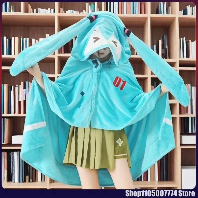 

160x100cm Kawaii Hatsune Miku Multifunction Hooded Air Conditioning Blanket Soft And Warm Siesta Shawl Miku Flannel Cloak Gifts