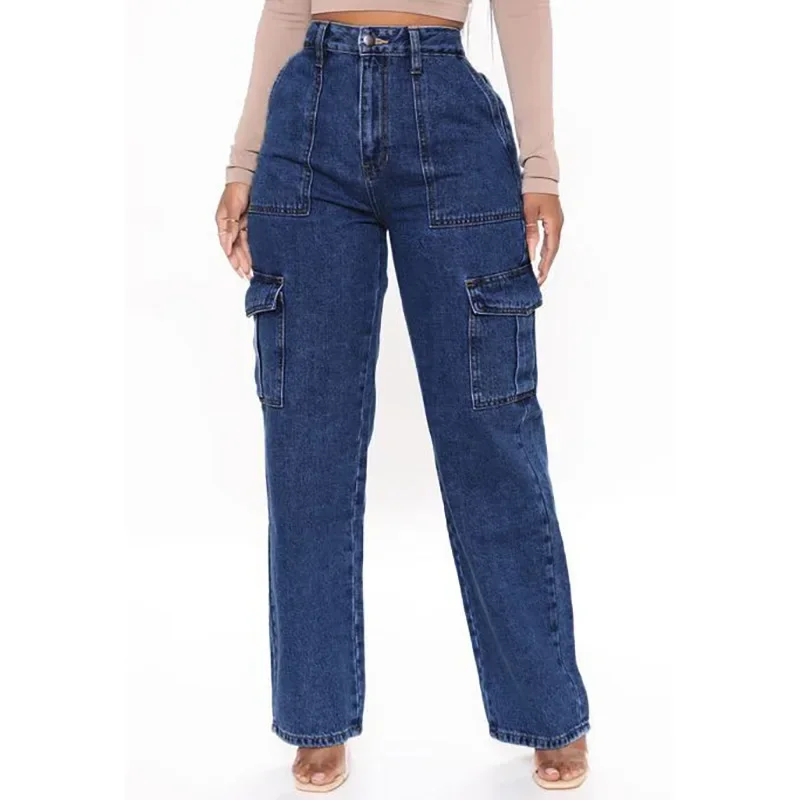 Jeans Cargohose Damen Washed Distressed 2025, Streetwear, hohe Taille, mehrere Taschen, Denims, Vintage, weibliche gerade Hose