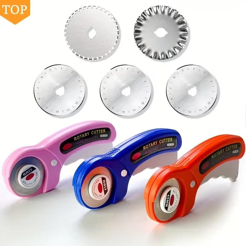 Cortador rotativo de 45mm con 5 uds de cuchillas de repuesto, cortador enrollable con mango ergonómico con cerradura de seguridad para acolchado de cuero y tela