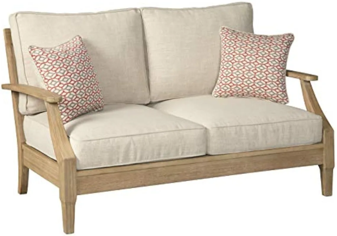 

Clare View Coastal Outdoor Patio Eucalyptus Loveseat with Cushions, Beige