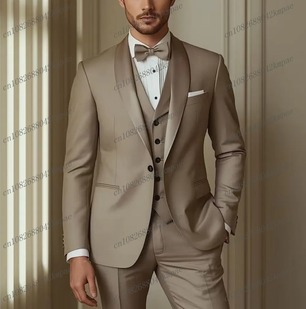 

New khaki Formal Men Suit Groom Groomsman Wedding Party Prom Business Male Tuxedos 3 Piece Set Customize Blazer Vest Pants