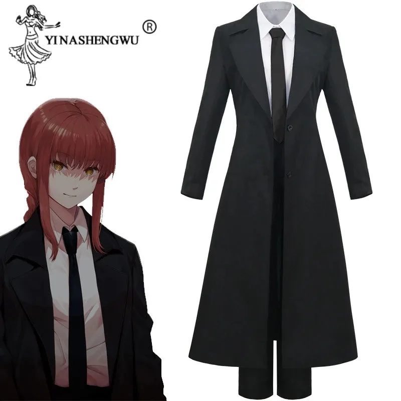 ชุดคอสเพลย์ Makima จากเรื่อง Chainsaw Man เสื้อคลุมสีดำ กางเกงขายาวผูกโบว์ ชุดสูทสำหรับผู้ชายและผู้หญิง ชุดยูนิฟอร์มฮาโลวีน พร้อมวิกผม คอสเพลย์ Makima จากอนิเมะและคอมมิค
