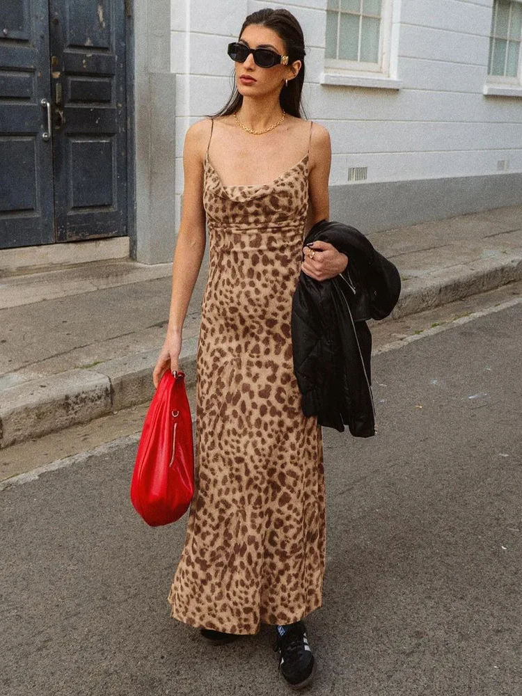 Sexy Leopard PrintVCollar Backless Street Adult Lady like Woman Style Long Wild Sling Dress Women