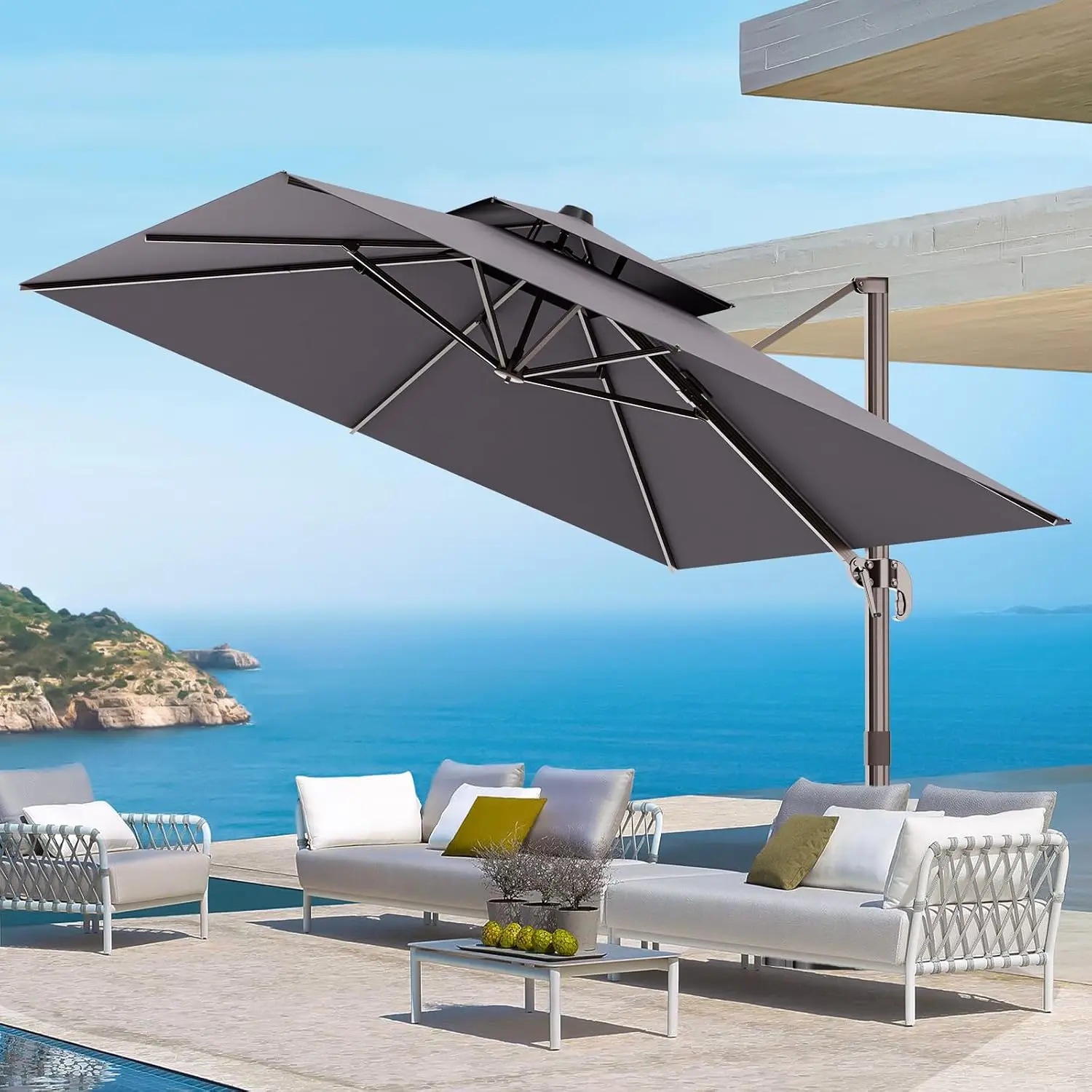 Double Top Rectangle Cantilever Patio Umbrella 360° Rotation Offset Heavy Duty for Garden Deck Pool, Customized