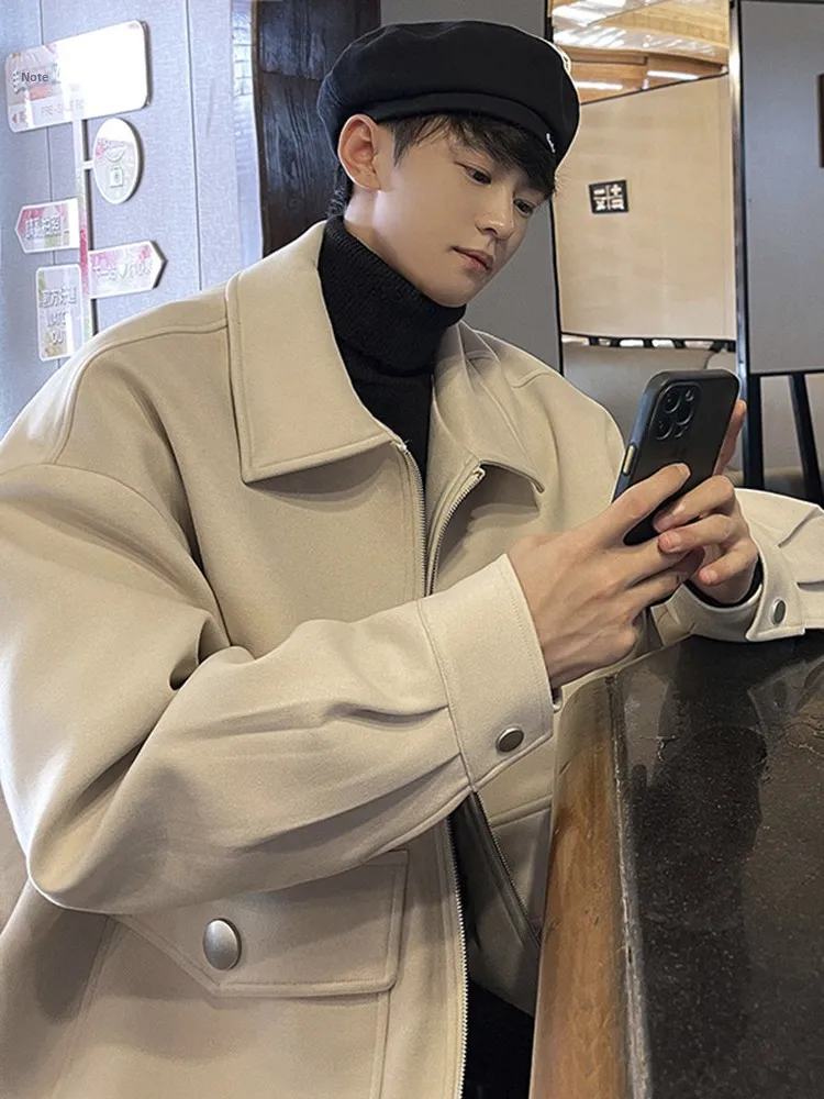 

Ele Thiened Woolen Jaet for Men Trendy Brand Autumn Winter Flip Collar Zipper Closure Regular Sve Long Outerwear