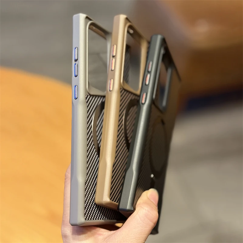 For Samsung Galaxy S24 S23 S22 S25 Ultra Plus Carbon Fiber Texture Magnetic Holder Phone Case Wireless Charging Shockproof Cover