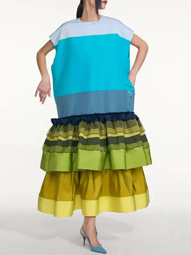 

Retro color blocked pullover tied waist dress 2025 summer women's fashion multi-level ruffle edge loose fluffy skirt