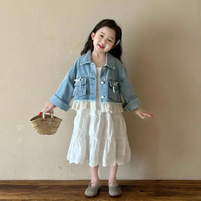 

2025 Autumn New Product Children's Clothing, Girls' Cowboy Splicing Lace Coat, Baby Short Cowboy Coat