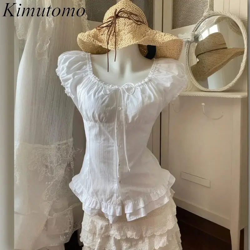 

Kimutomo Shirts Women Vintage Sweet Elegant Puff Short Sleeve Fashion Ruffles Patchwork Y2k Harajuku Blouse Female Tops
