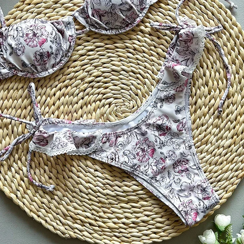 ヴィンテージプリントマイクロビキニ水着 レディース スプライスレースエッジ Gストリングビキニセット 2025新作 ビーチバケーション エレガント ツーピースセット