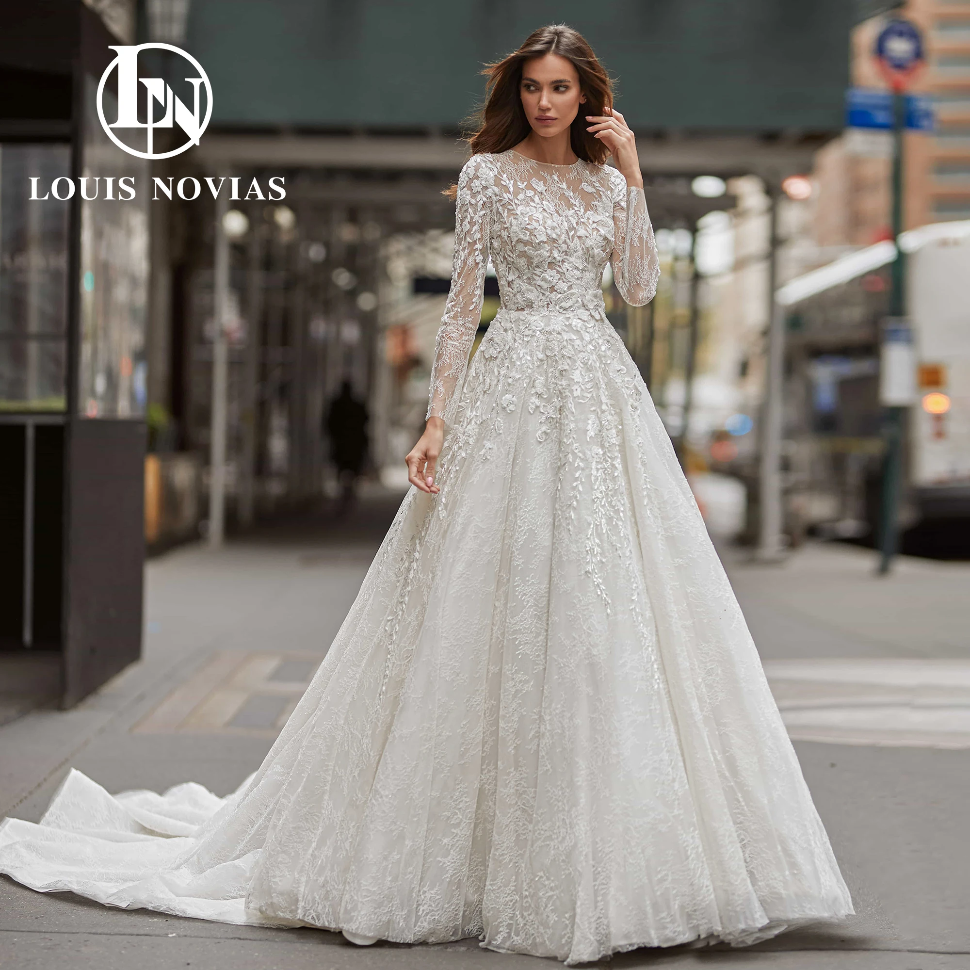 

LOUIS NOVIAS A-Line Wedding Dresses SCOOP Sequined Illusion Beading Long Sleeve Brush Train Wedding Gown Vestidos De Novia