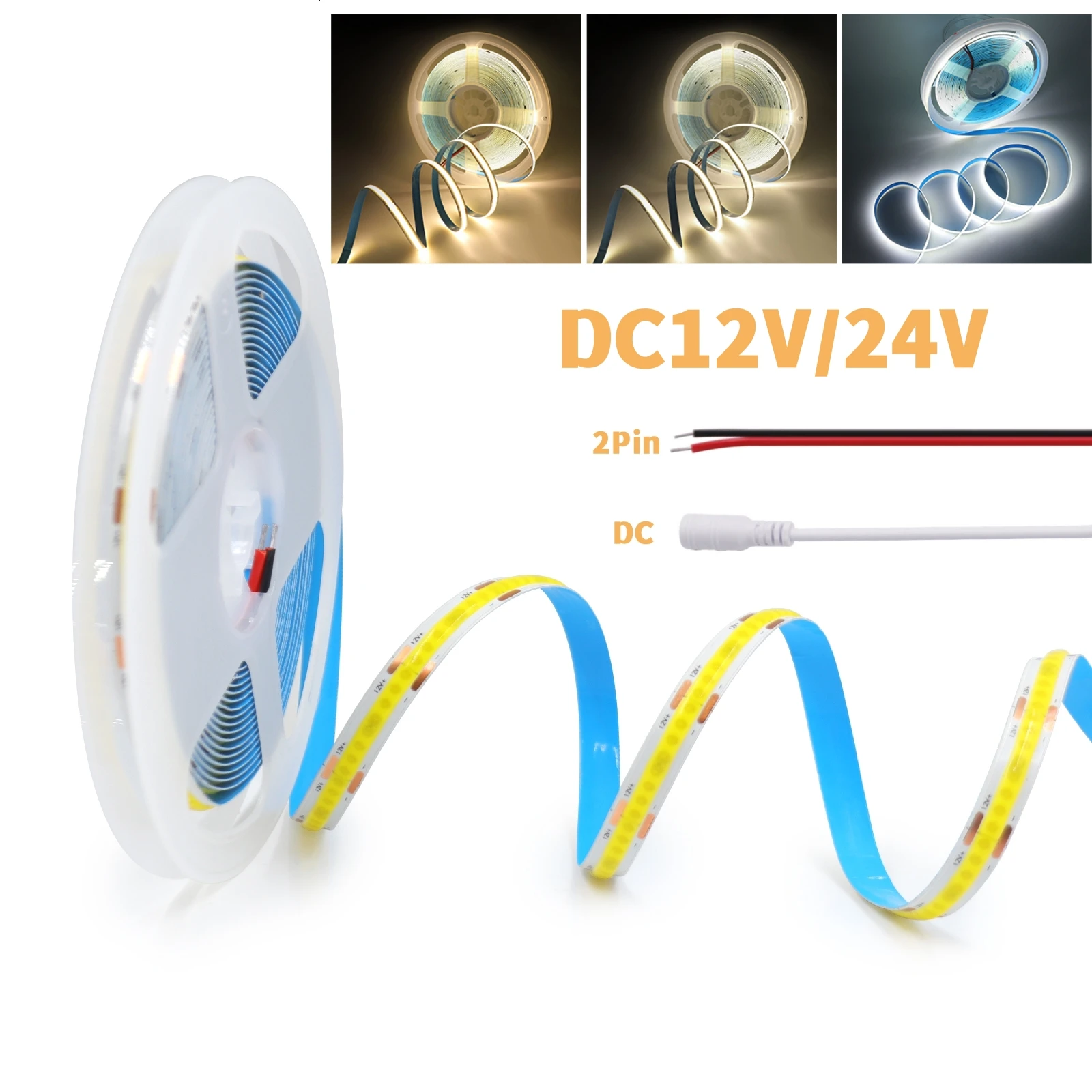 12V 24V COB LED Strip Light 320LEDs/M High Density Linear Dimmable Lighting Flexible Rope Tape Lamp RA90 Warm Natural Cool White