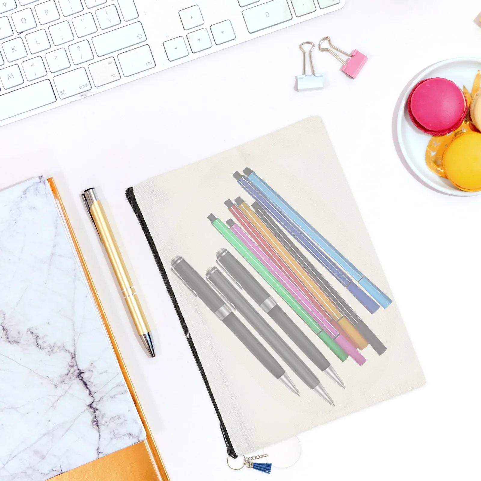 1Set Handheld Makeup Bag Large Capacity Blank Pencil Pouch DIY Tassel Acrylic Key Chains Canvas Pen Storage
