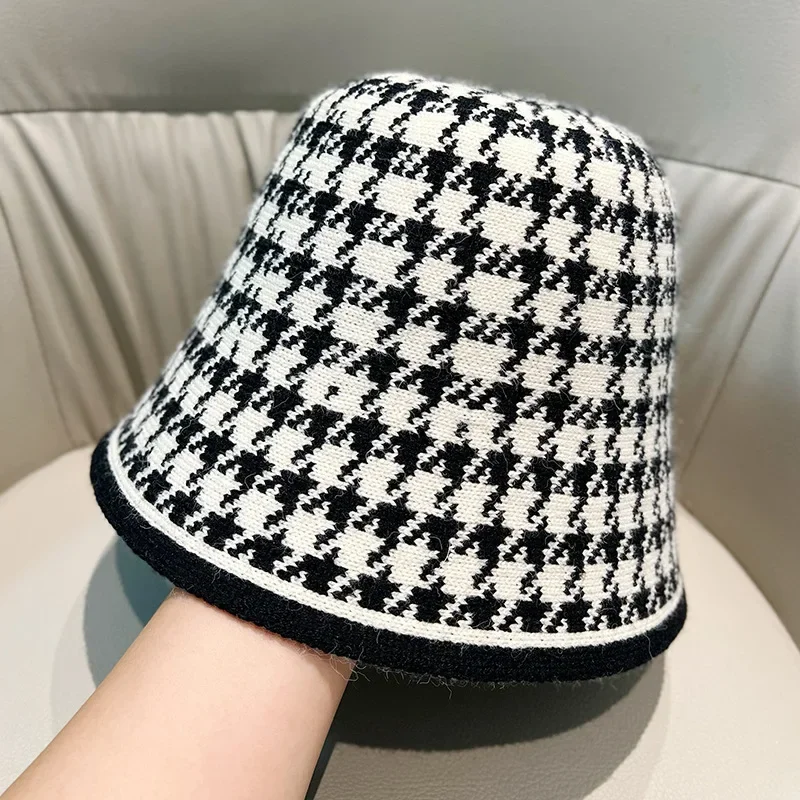 Warm Bucket Hat Casual Bucket Hat Women's Korean  Versatile Plaid Wool Hat Outdoor Autumn and Winter Knitting Thousand Bird Grid