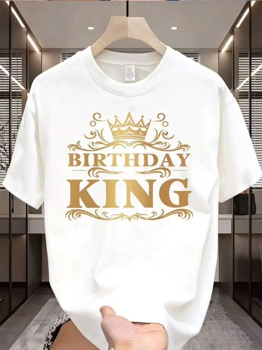 

Birthday King T-Shirt White With Crown Print Casual Round Neck Cotton Tee For Adults