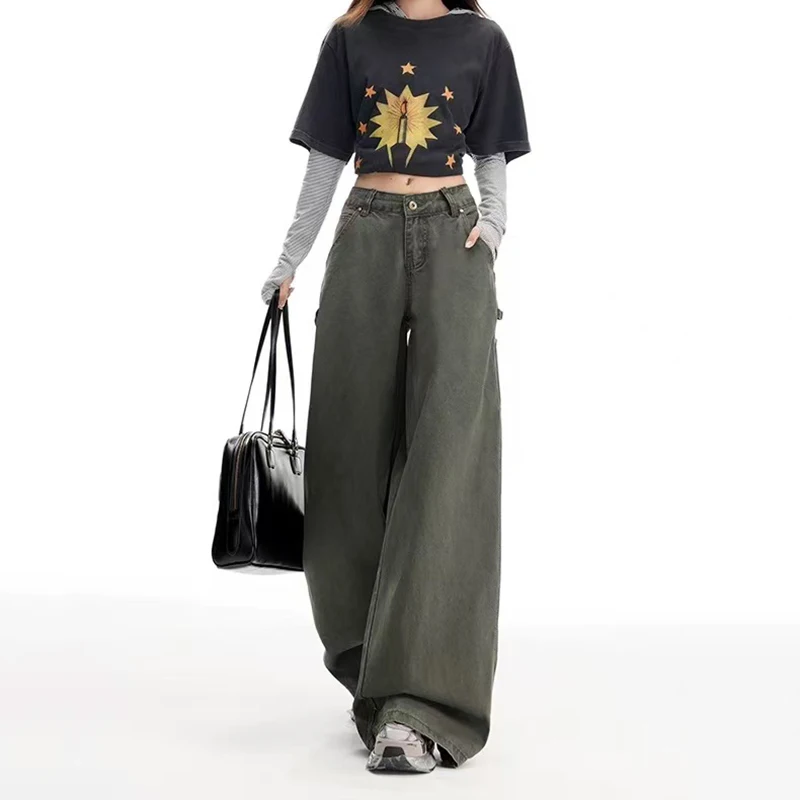 Jean Cargo vert armée à jambes larges pour femmes, taille haute, Streetwear, pantalon droit ample, mode coréenne, pantalon Denim décontracté, automne