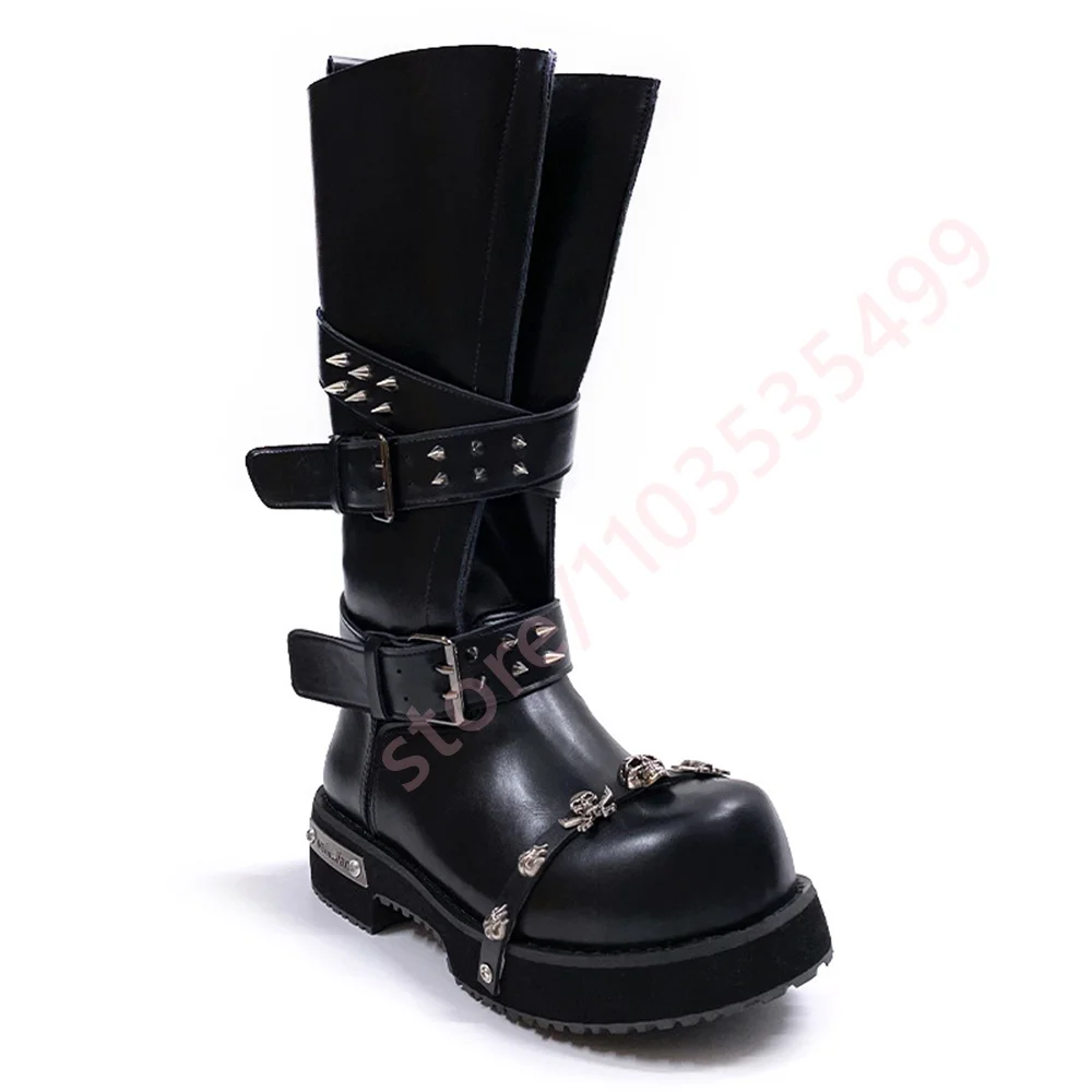 Thick Sole Rivets Y2K Punk Motorcycle Boots 2026 New Round Street Rock Rider Boots Black Fashion Women's Casual Belt Buckle Boot
