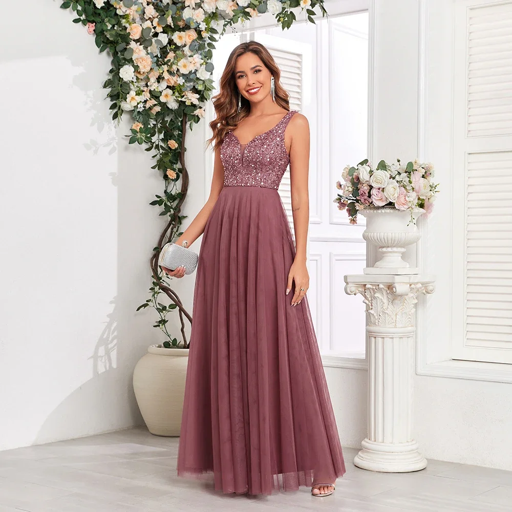 

2024 New Women V-neck A-line Evening Dresses Sequin Tulle Elegantes Long Birthday Long Party Dress