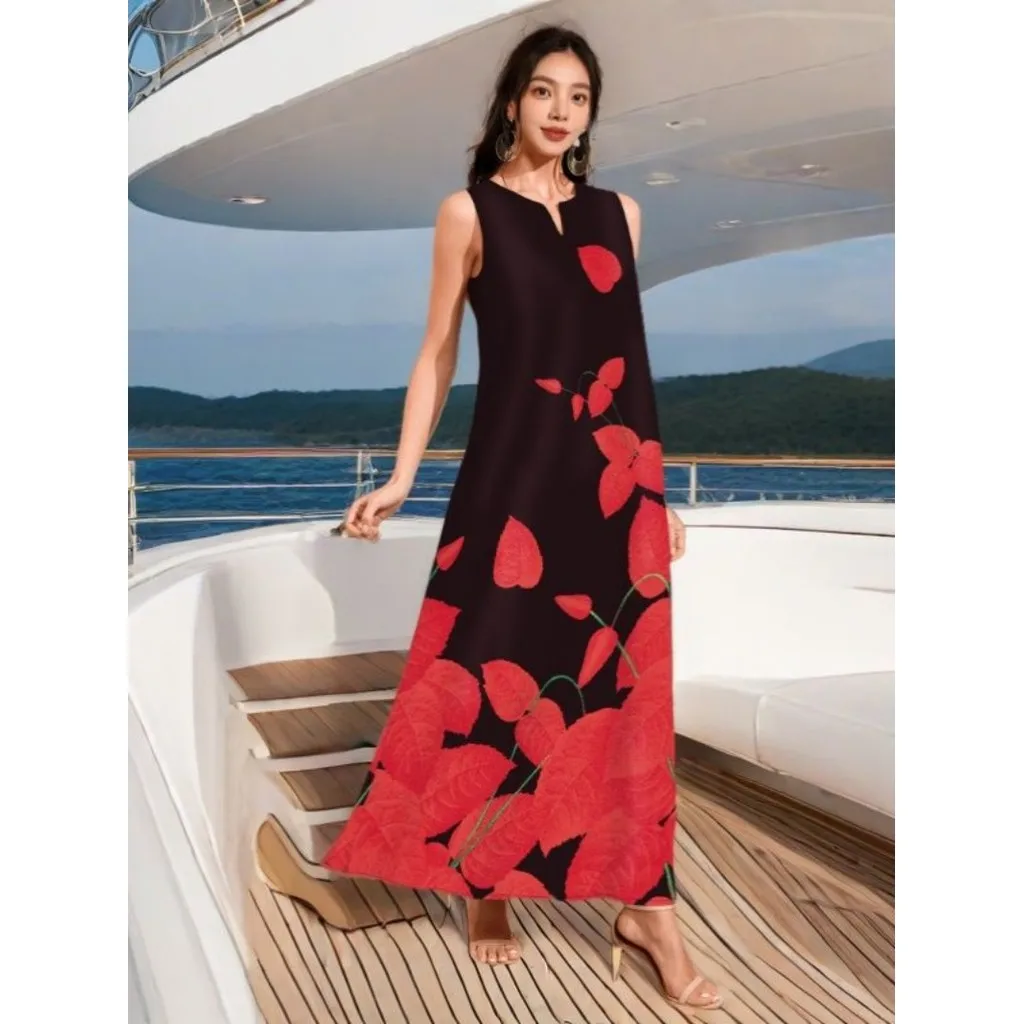 Fashionable Women's Elegant Red Leaf Print Dress, Suitable for Casual Beach Style - Ankle Length, Sleeveless Dress