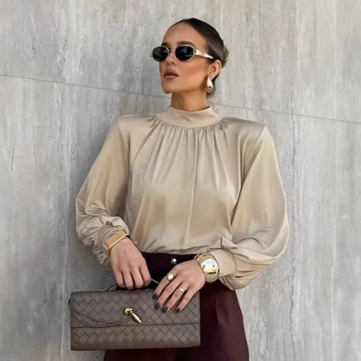 

French Style Satin Autumn Women's Blouse Stand Collar Pleated Lantern Sleeve Female's Shirt Minimalist Commuting Blouse For Lady