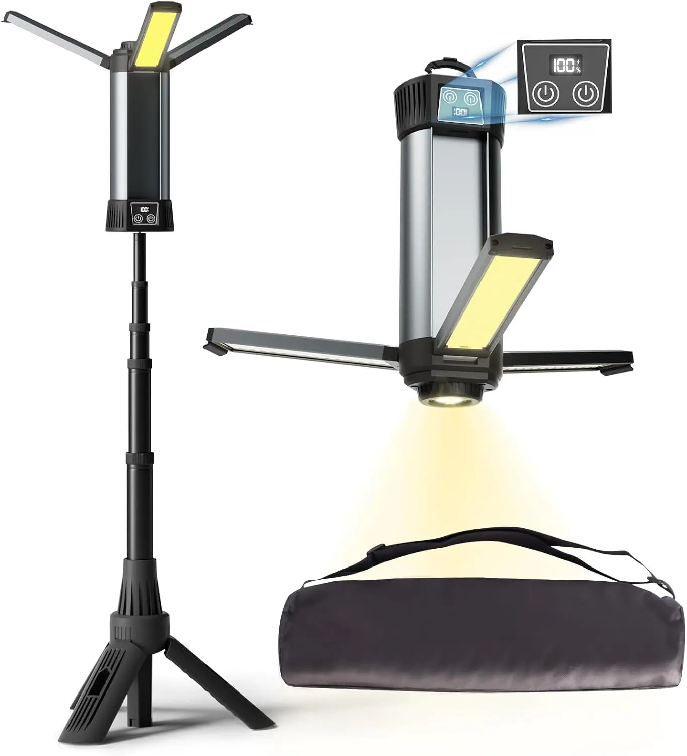 Rechargeable LED Work Light with Stand - Cordless Work Light Kit 3 Page Head,500/1000/2000 Lumen 3500/6500K Dimmable 6AH Camping